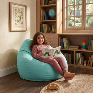Medium kids bean bag in Aqua: girl reading a picture book - Magalis Egypt